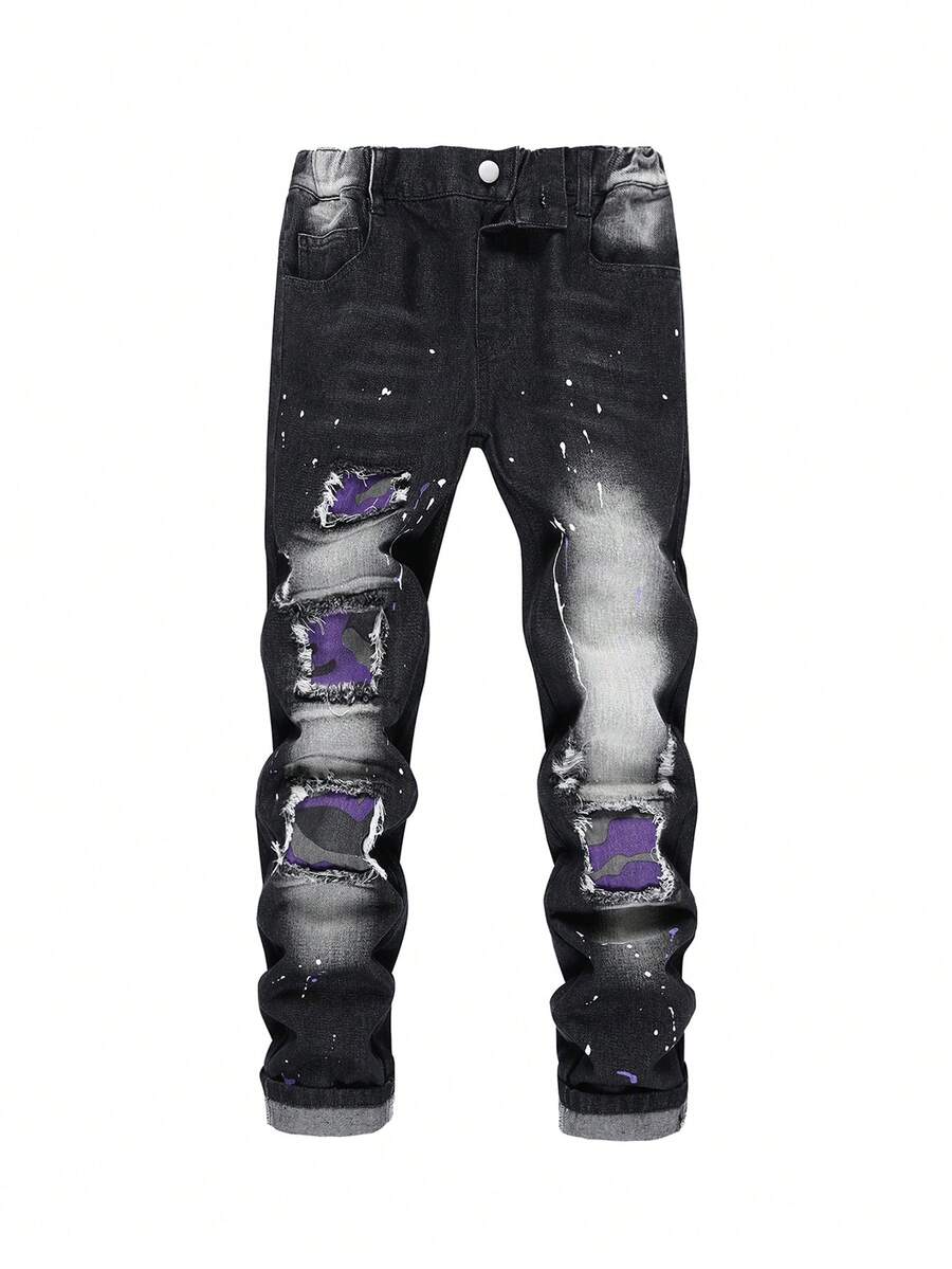 Tween Boy Personalized Patchwork Hip-Hop Style Jeans - Black - View 1