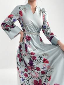 Al Najma Robe longue imprimée pour femme avec manches évasées et col cranté, ornée d'un motif floral, idéale pour le printemps et l'été. Robe longue modeste de style arabe, Robe casual à manches longues