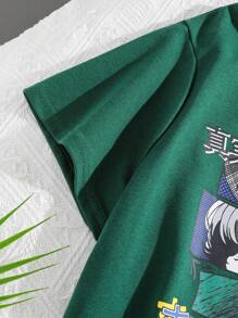 Conjunto De Camiseta De Manga Curta Folgada E Shorts Com Estampa De Desenhos Animados Para Meninos, Estilo Casual Para Jovens, Gola Redonda
