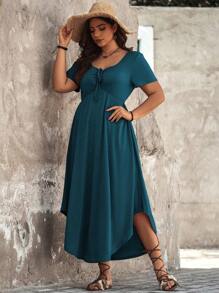 SHEIN LUNE Plus Size Solid Color Round Neck Pleated Front Tie-Up Dress