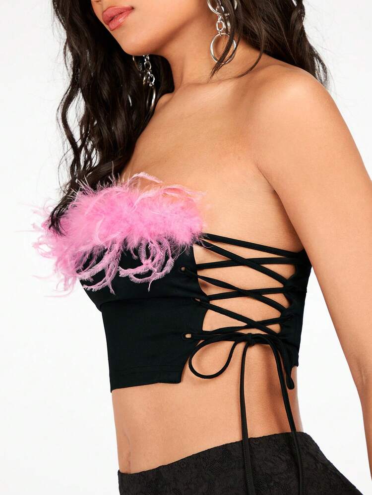 Black & Pink Contrast Feather Trim Criss-Cross Side Hollow-Out Sexy Party Crop Top, Mini Tube Tops For Y2K Country Concert & Festival