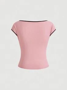 SHEIN MOD Women Casual T-Shirt With Round Neck, Cap Sleeves And Bow Decor