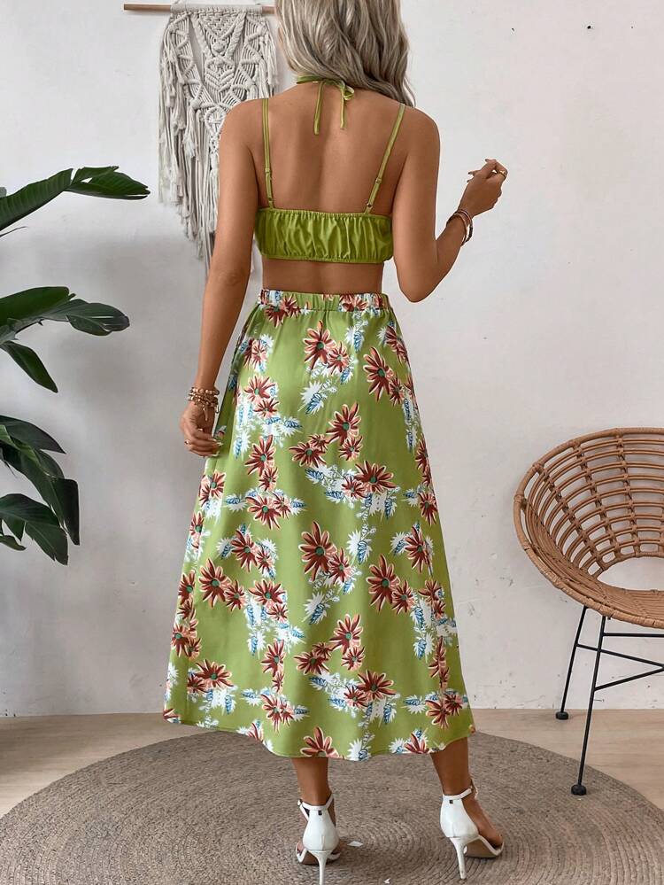 Ladies" Summer Vacation Style Solid Color Halter Crop Top And Tropical Plant Print Wrapped Skirt Set