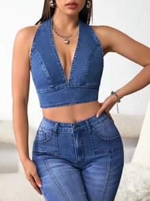 SHEIN EZwear Top Denim corto de verano casaul para mujeres con escote en V profundo y cuello halter