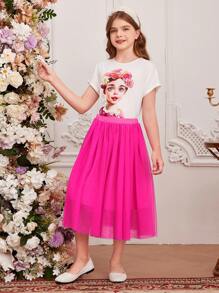 SHEIN Tween Girl Spring/Summer Knitted Round-Neck Short Sleeve Tee With Portrait Print And Mesh Skirt Set - Multicolor - View 4