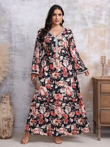 Plus Size V-Neck Printed Loose Casual Arabic Clothes - Multicolor - View 4