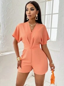 AIJ 女士蝙蝠印花不对称腰身连体裤 - 橘色 - 查看 4