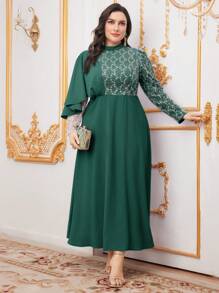Modelyn Plus Size Embroidered Mesh Contrast Sequin Stand-Up Collar Dress Long Evening Dresses