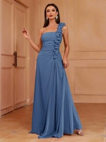 SHEIN Belle Asymmetrical Neck Ruffle Bridesmaid Dress Formal Ball Gown For Women, Elegant Prom Evening Wedding Guest Dress, For Graduation, Dinner Party Dress