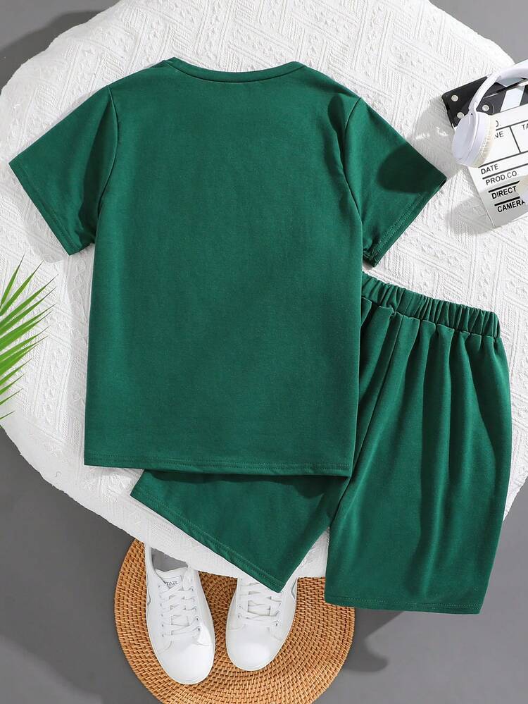 Boys' Loose-Fit Casual Round Neck Short Sleeve T-Shirt And Shorts Set With Cartoon Printed Patterns For Youth