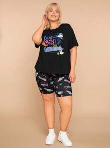 FRIENDS X SHEIN Plus Size 2Pcs Black Slogan Graphic T-Shirt & Tight Pants Set - Black - View 5