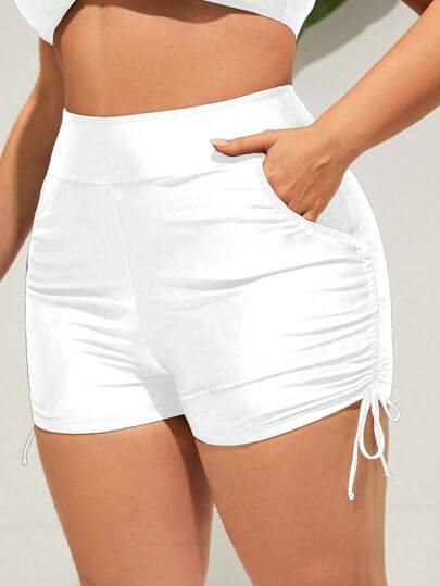 SHEIN Swim Curve 大尺碼夏季海灘純色束口側邊短褲泳裝下著