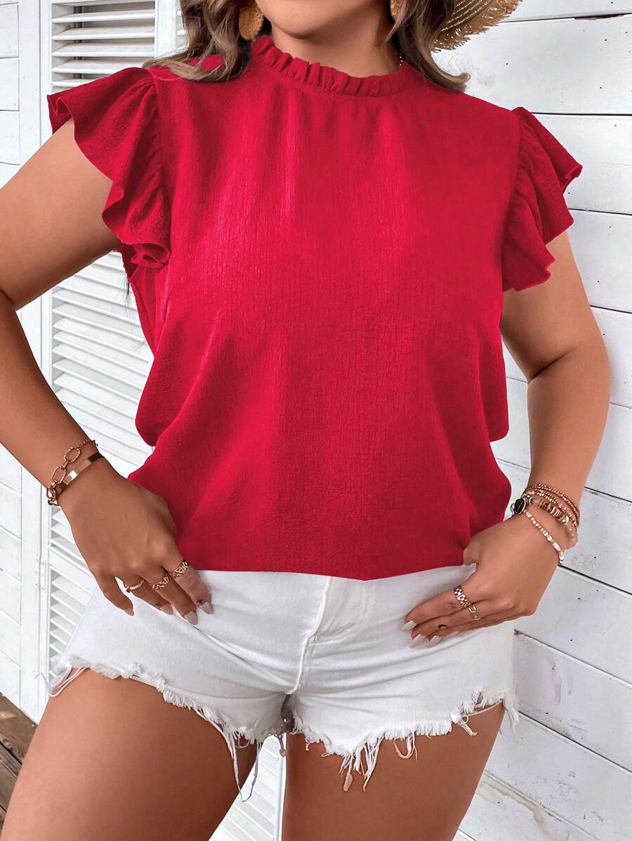 SHEIN Clasi 大尺碼純色荷葉邊日常穿著襯衫 - 紅色 - 查看 1