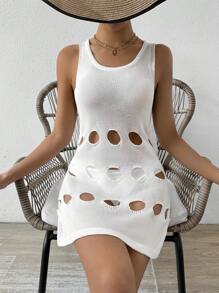 SHEIN Swim Women Summer White Hollow Out Round Neck Sleeveless Hooded Dress - White - View 1