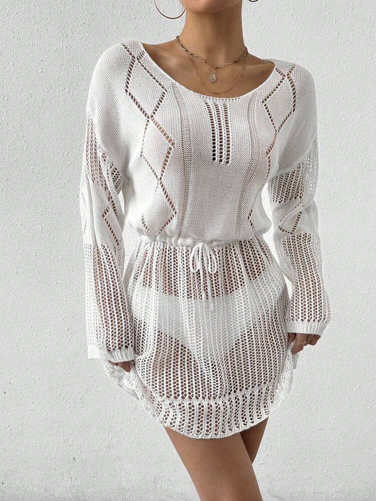 Women Hollow Out Knit Drawstring Waist Cover-Up For Vacation Summer