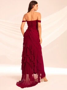 Mesh Ruffle Trim Off Shoulder Ruched Split Thigh Sheer Unlined Formal Dress Party Dress Wedding Guest Dress Evening Dress,Gown