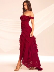 Mesh Ruffle Trim Off Shoulder Ruched Split Thigh Sheer Unlined Cloth Formal Burgundy Dress,Christmas - Red - View 3