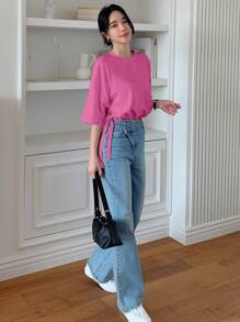 DAZY Camiseta de manga corta con hombros caídos y dobladillo con cordón, de unicolor, para verano, estilo preppy - Rosa Fucsia - Ver 4