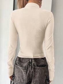 DAZY Cheongsam Collar & Stand Collar Hollow Out Patchwork Slim Fit Long Sleeve Women T-Shirt - Apricot - View 2