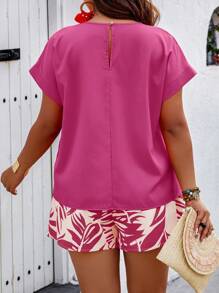 Sunserae Regular Plus Size Boho Summer Batwing Sleeve Top & Random Printed Shorts 2-Piece Set Tropical Colorblock Floral Print Vacation Fashionable Style - Hot Pink - View 7