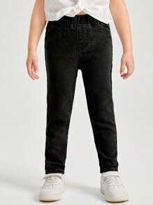 SHEIN Young Girls' Solid Color Elastic Waist Jeans - Grey - View 1