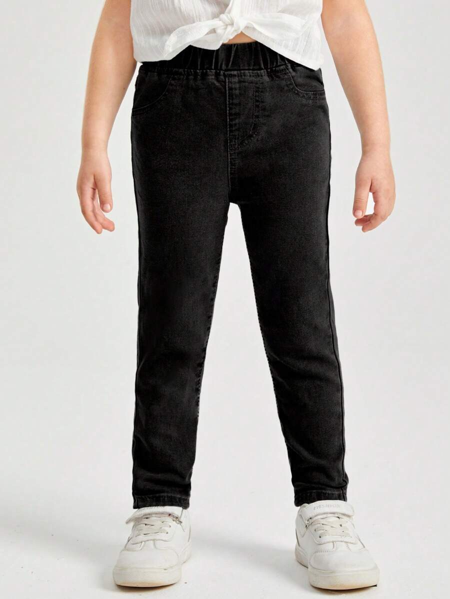 SHEIN Young Girls' Solid Color Elastic Waist Jeans - Grey - View 1