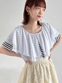 FRIFUL Camiseta de rayas con cuello con volantes de moda para mujeres