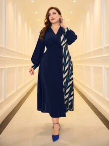 Modelyn Plus Size Nữ Xuân/Hè In hình học Váy dài tay cổ chữ V sang trọng - Màu xanh hải quân - Xem 4