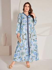 Al Najma Kích thước lớn Hoa In Cổ chữ V Lỏng lẻo Đầm - Màu xanh lam - Xem 1