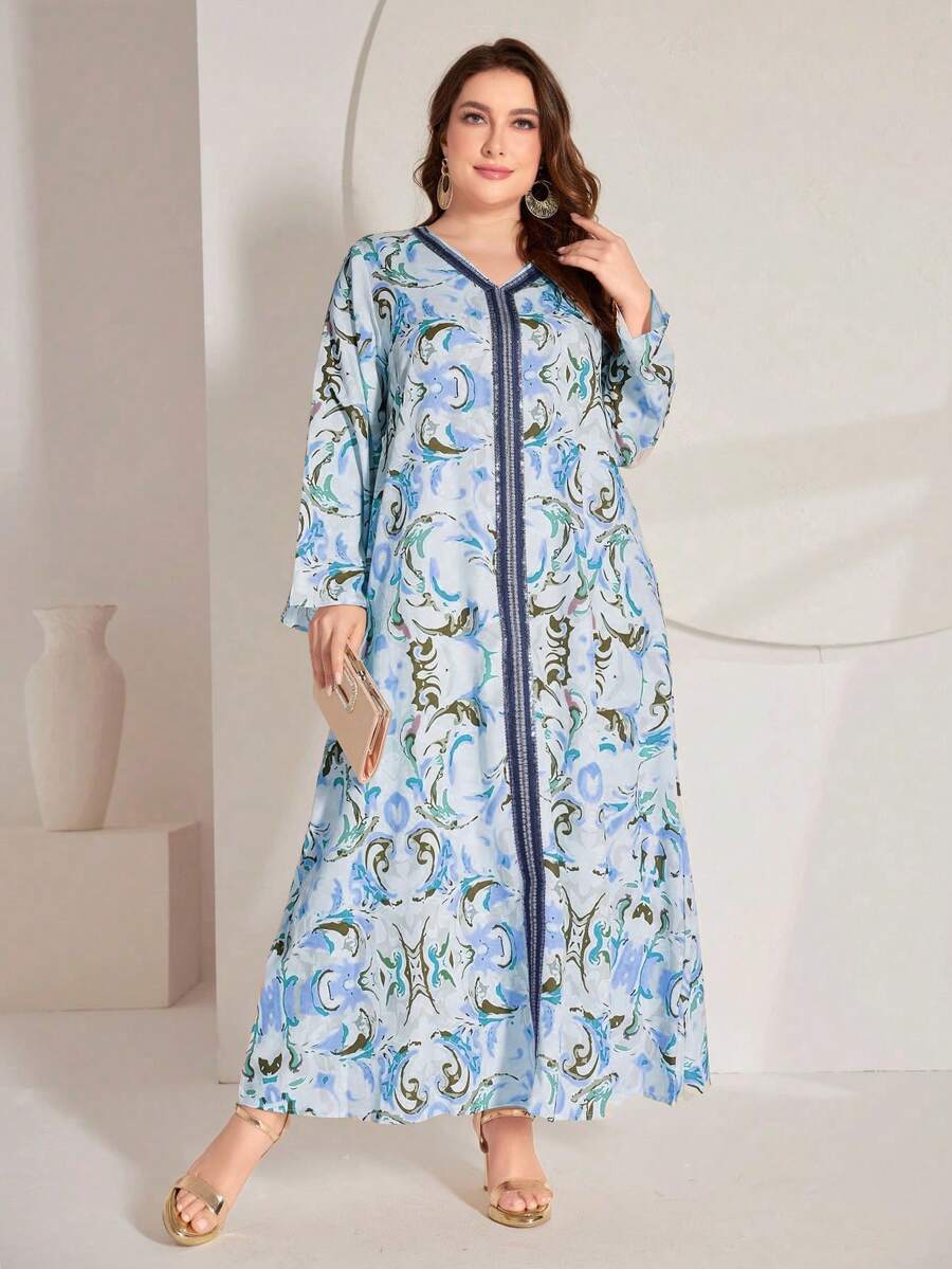Al Najma Kích thước lớn Hoa In Cổ chữ V Lỏng lẻo Đầm - Màu xanh lam - Xem 1