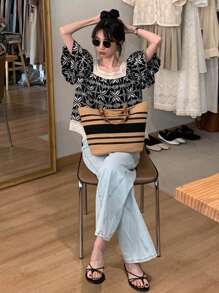 DAZY Women Fashion Printed Short Sleeve Square Neck Blouse Babydoll Top - Black - View 5