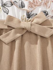 SHEIN Tween Girl Spring Casual Patchwork Floral And Plant Print Dress With Ruffle Trim - Khaki - View 5