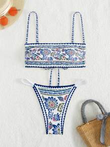 SHEIN Swim Plant Print Backless Tie Knot Bikini Set For Summer Beach Vacation - Multicolor - View 5