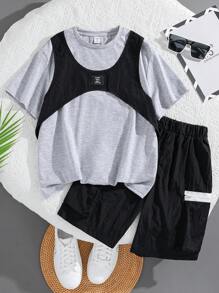 Tween 男孩寬鬆休閒 2 合 1 短袖 T 卹,帶拉鍊口袋和短褲套裝,夏季 - 黑色 - 查看 1