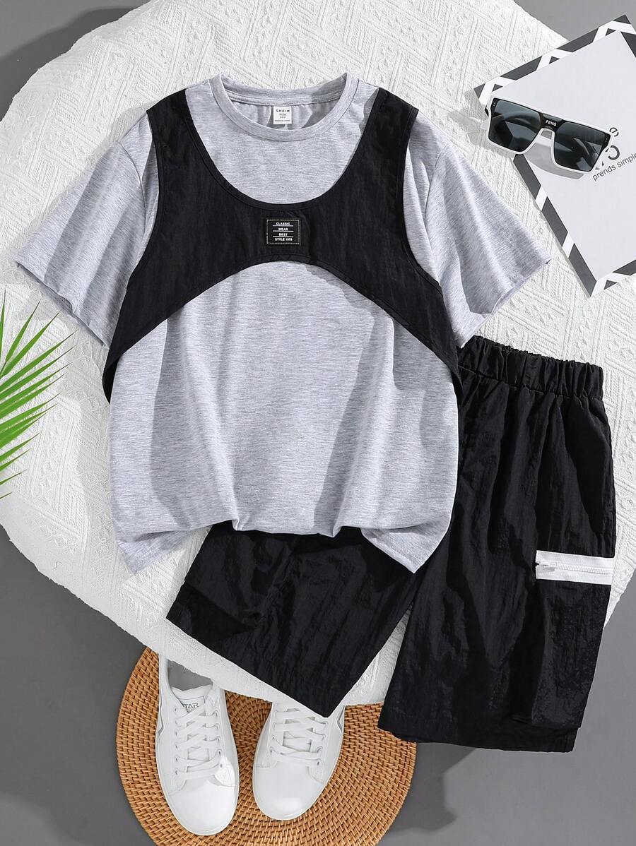 Tween 男孩寬鬆休閒 2 合 1 短袖 T 卹,帶拉鍊口袋和短褲套裝,夏季 - 黑色 - 查看 1