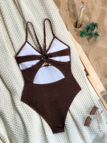 SHEIN Swim 女性夏季海灘固色繃褶設計休閒細肩一件式泳衣洋裝 - 棕色 - 查看 4