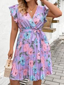 Franclia Plus Size Boho V-Neck Full Print Cross Wrap Belted Pleated Dress, For Summer