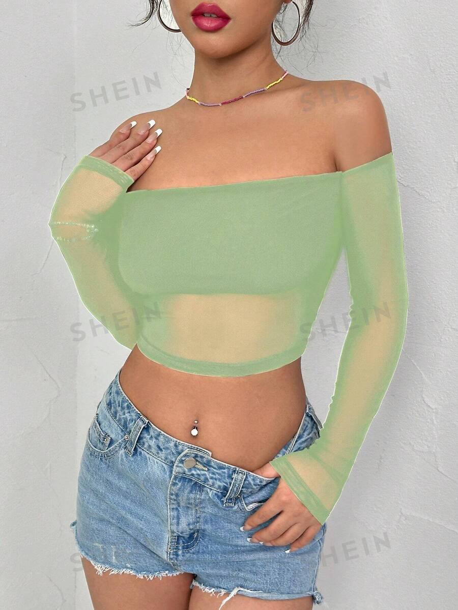 Lunelith SHEIN Lunessa Top transparente de moda para mujer con los hombros descubiertos, ideal para el uso diario en primavera y verano