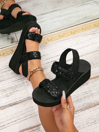 Women Shoes Fashionable Black Summer Shoes Woven Like Straw Women Thick Platform Wedge Sandals Casual Beach Sandals Women -Like Sole Sandals