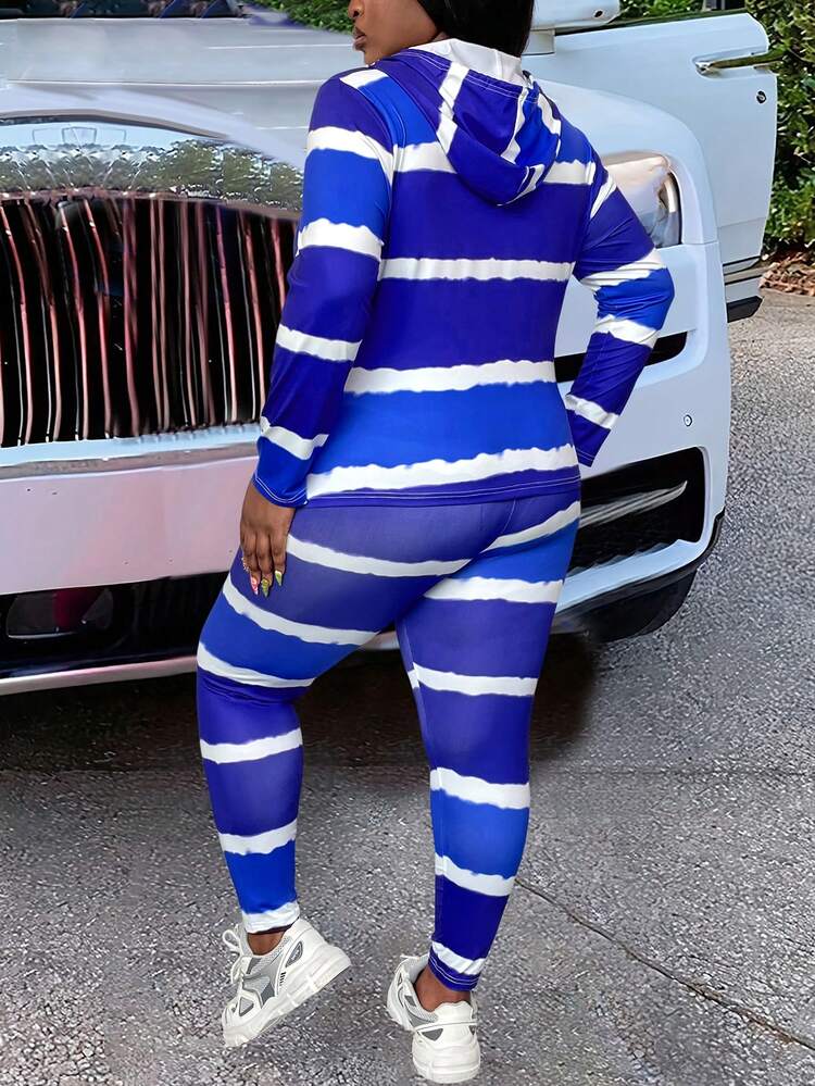 Plus Size Colorblock Stripes Print Slim Fit Hooded Top And Matching Pants Spring Set Fall Cloth For Women