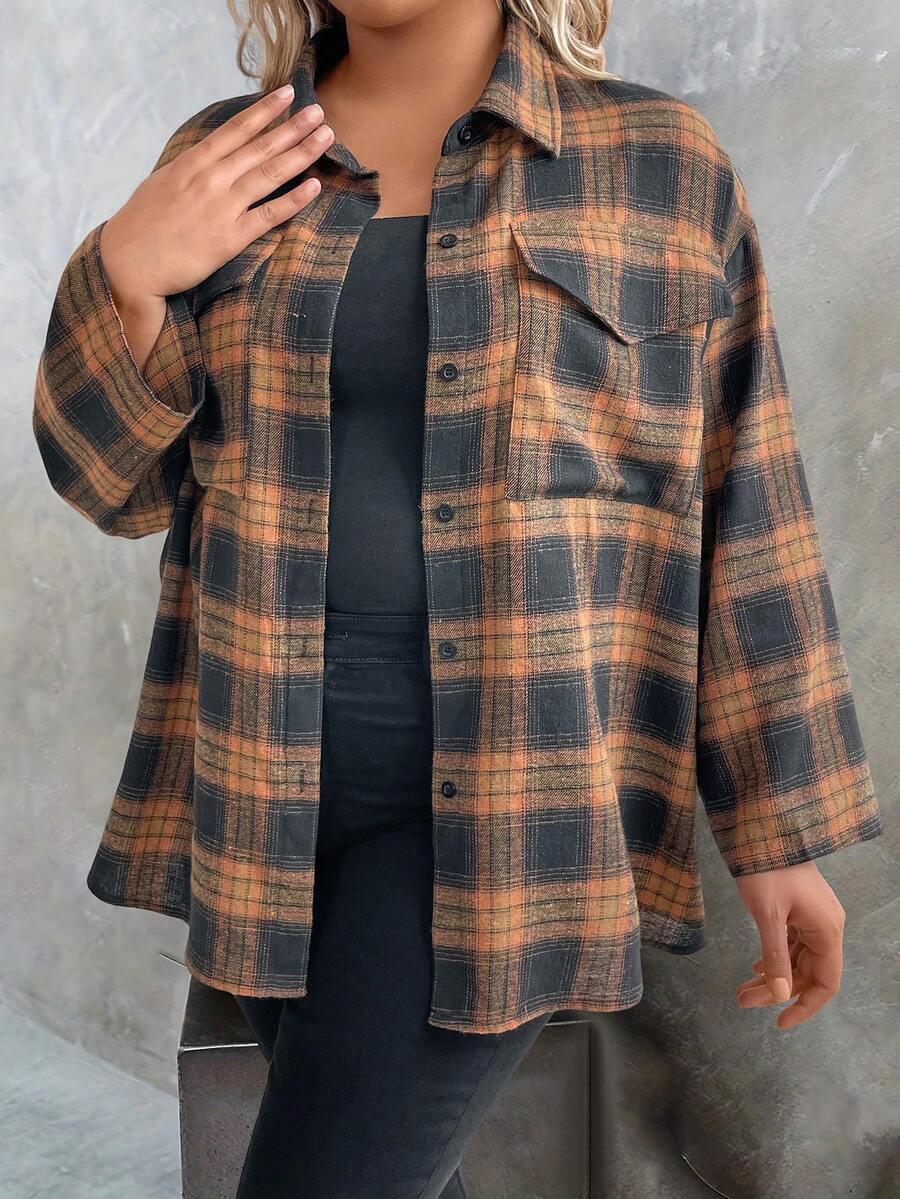 EMERY ROSE 大尺碼格紋長袖下肩休閒襯衫 - 黑色 - 查看 1