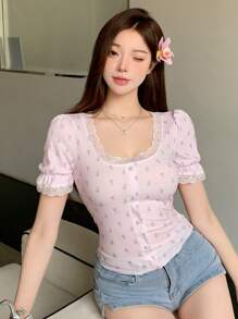 Dazy Designer Ladies Slim-Fit T-Shirt With Patchwork Lace Floral Going Out Tops Summer Cute Tops - Multicolor - View 6