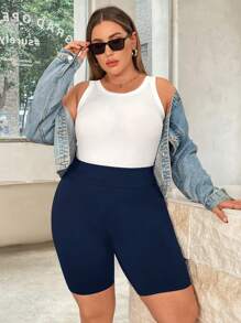 SHEIN Essnce Women's Plus Size Summer Casual Sports Elastic Waistband Black Cycling Shorts - Navy Blue - View 4