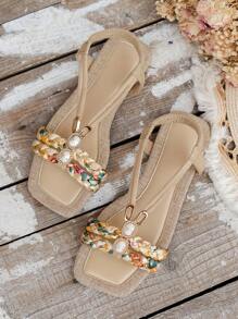 WRCVS Sandalias de mujer en beige, sandalias de diseño plano tejido, sandalias de verano ligeras antideslizantes con diseño bohemio de cuentas al azar para uso en exteriores