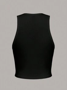 Slaydiva Áo ba lỗ ngắn cổ tròn in họa tiết cơ thể gợi cảm, giản dị dành cho nữ, phù hợp cho mùa hè - màu đen - Xem 2