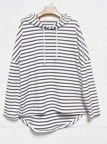 INAWLY Sudadera con capucha grande de talla para mujeres con rayas, hombro caído, manga larga holgada para primavera y otoño