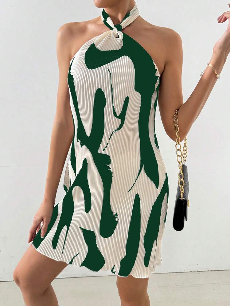 green and white halter dress SHEIN Privé Women Fashionable Contrast Color Neck Green floral dress