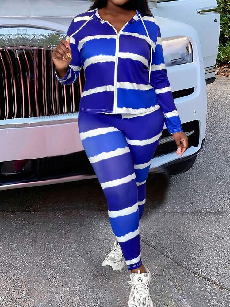 Plus Size Colorblock Stripes Print Slim Fit Hooded Top And Matching Pants Spring Set Fall Cloth For Women