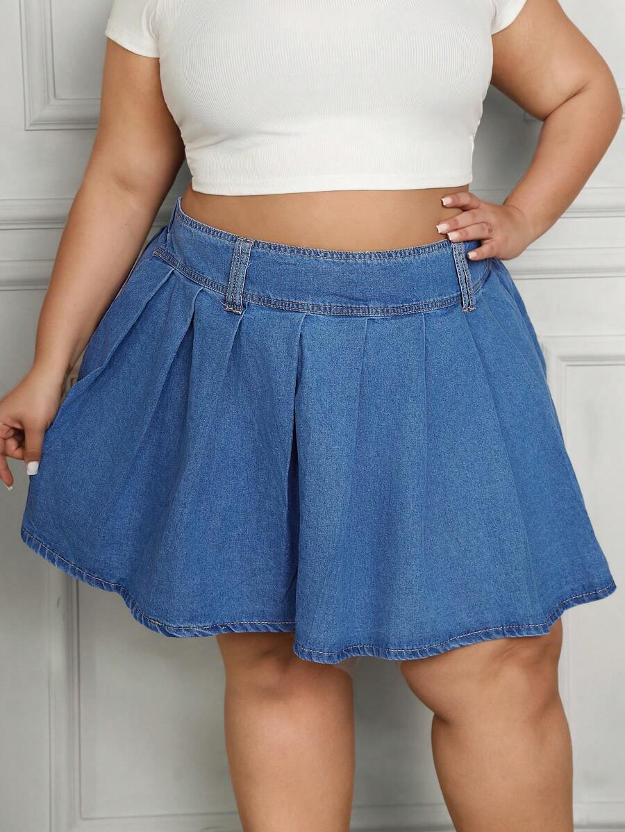 SHEIN CURVE+ Plus Size Elastic Waist Blue Denim Pleated Skirt