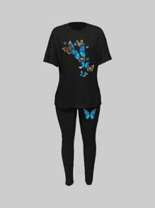 SHEIN ChicEase Conjunto Casual De Camisa De Manga Corta De Cuello Redondo Estampada Con Mariposas Y Pantalones Largos Para Mujeres A La Moda